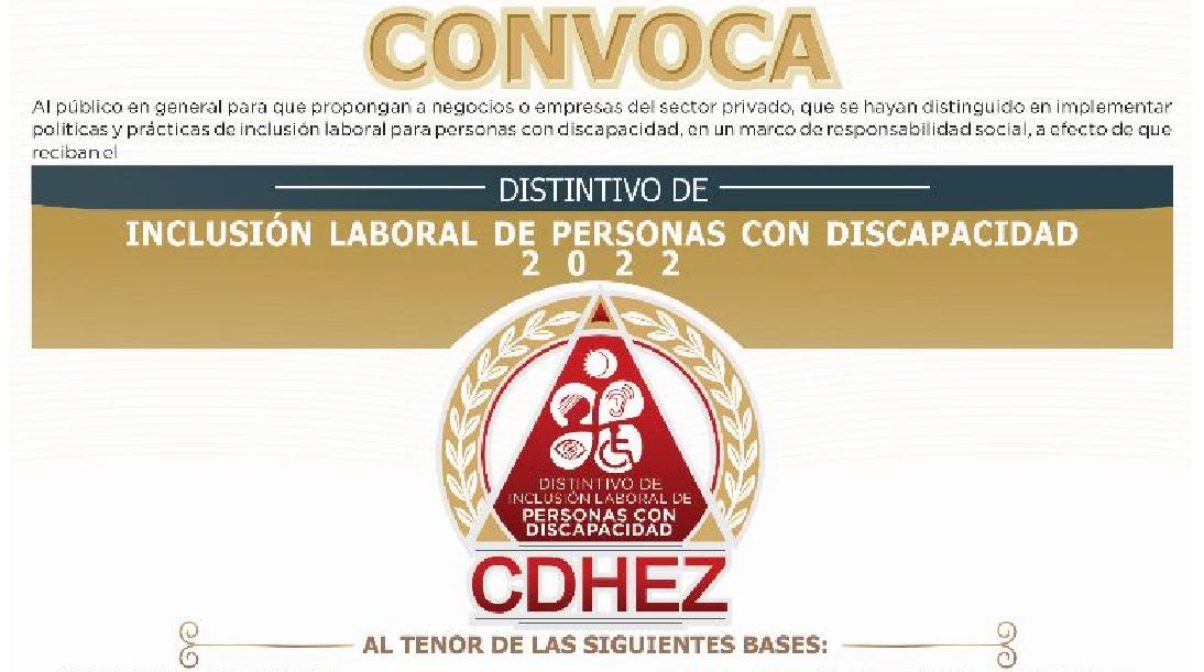 La CDHEZ convoca a participar en el Distintivo de Inclusión Laboral de Personas con Discapacidad 2022
